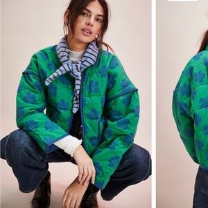 Free People Green Quilted Jacket with Blue Floral Print